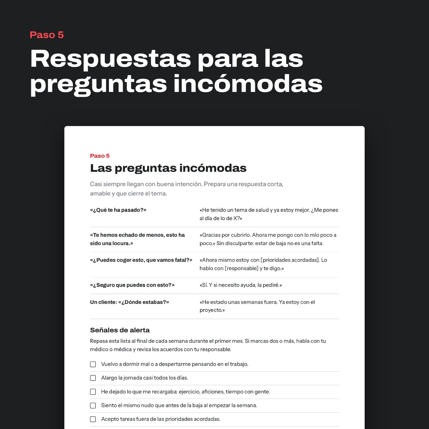 Página de la guía con respuestas a las preguntas incómodas y la lista de señales de alerta
