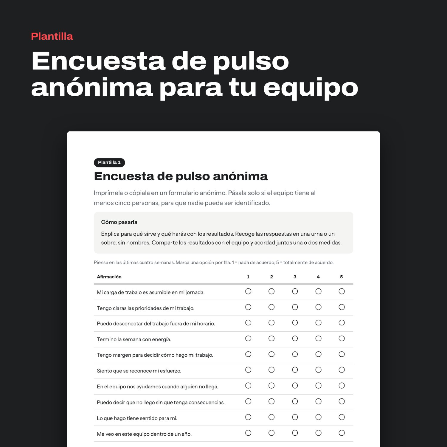 Plantilla de encuesta de pulso anónima para el equipo, con afirmaciones y una escala del 1 al 5