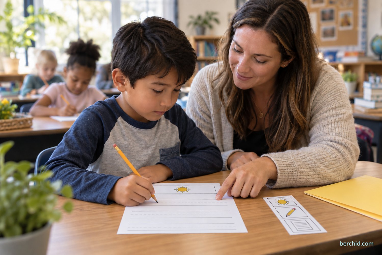 Teacher supporting a student with the first step of an independent writing assignment.