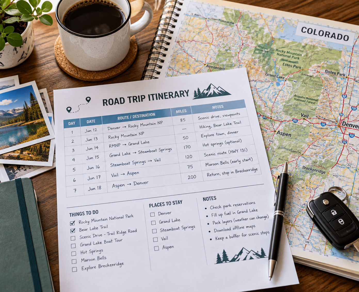 Printed road trip itinerary and paper map on a table with pen and car keys, laid out for planning a route