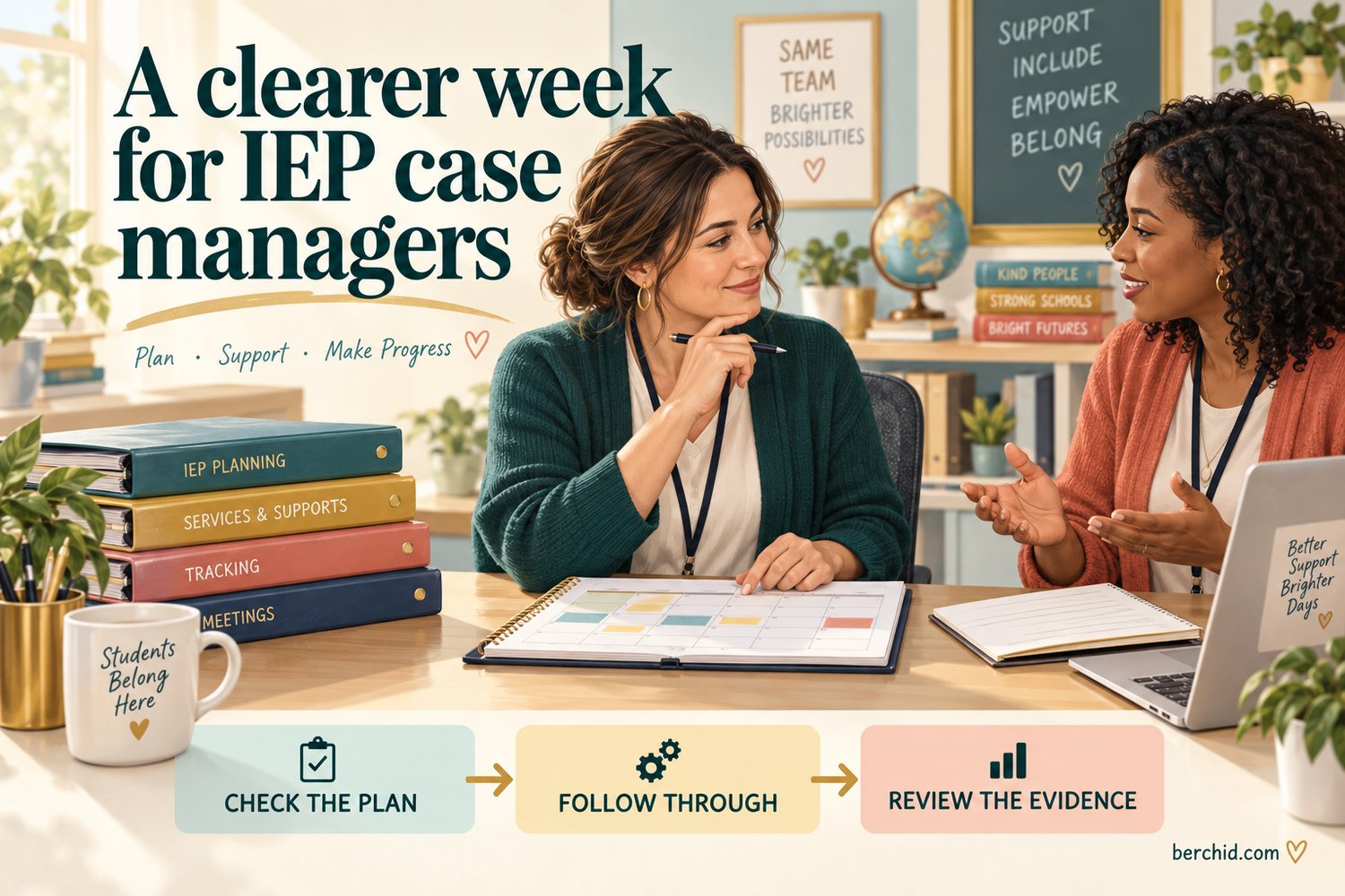 IEP case managers collaborate to check plans, follow through on supports, and review evidence.