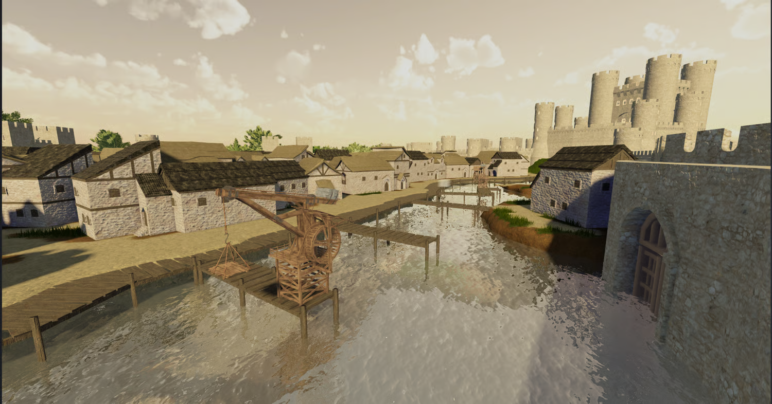 Fortified gate beside water