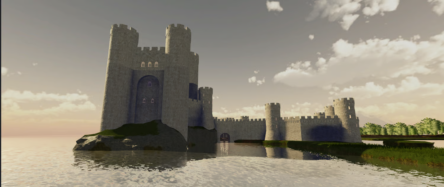 Castle walls surrounding coastal settlement