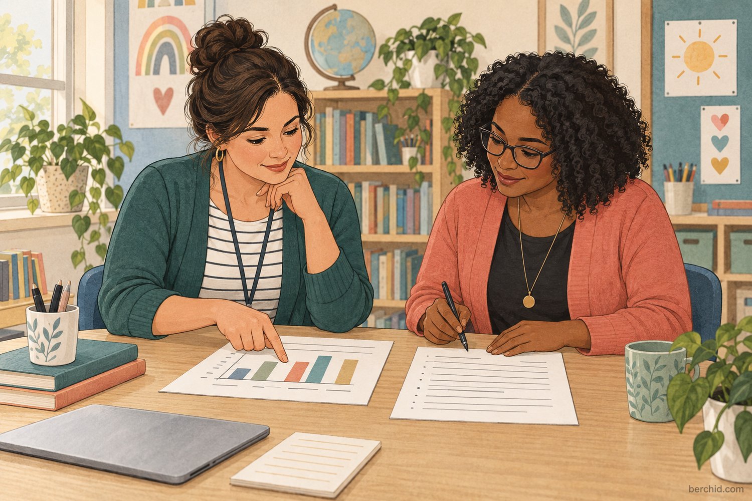 Educators collaborate on measured results and clear IEP goal progress notes in a classroom.