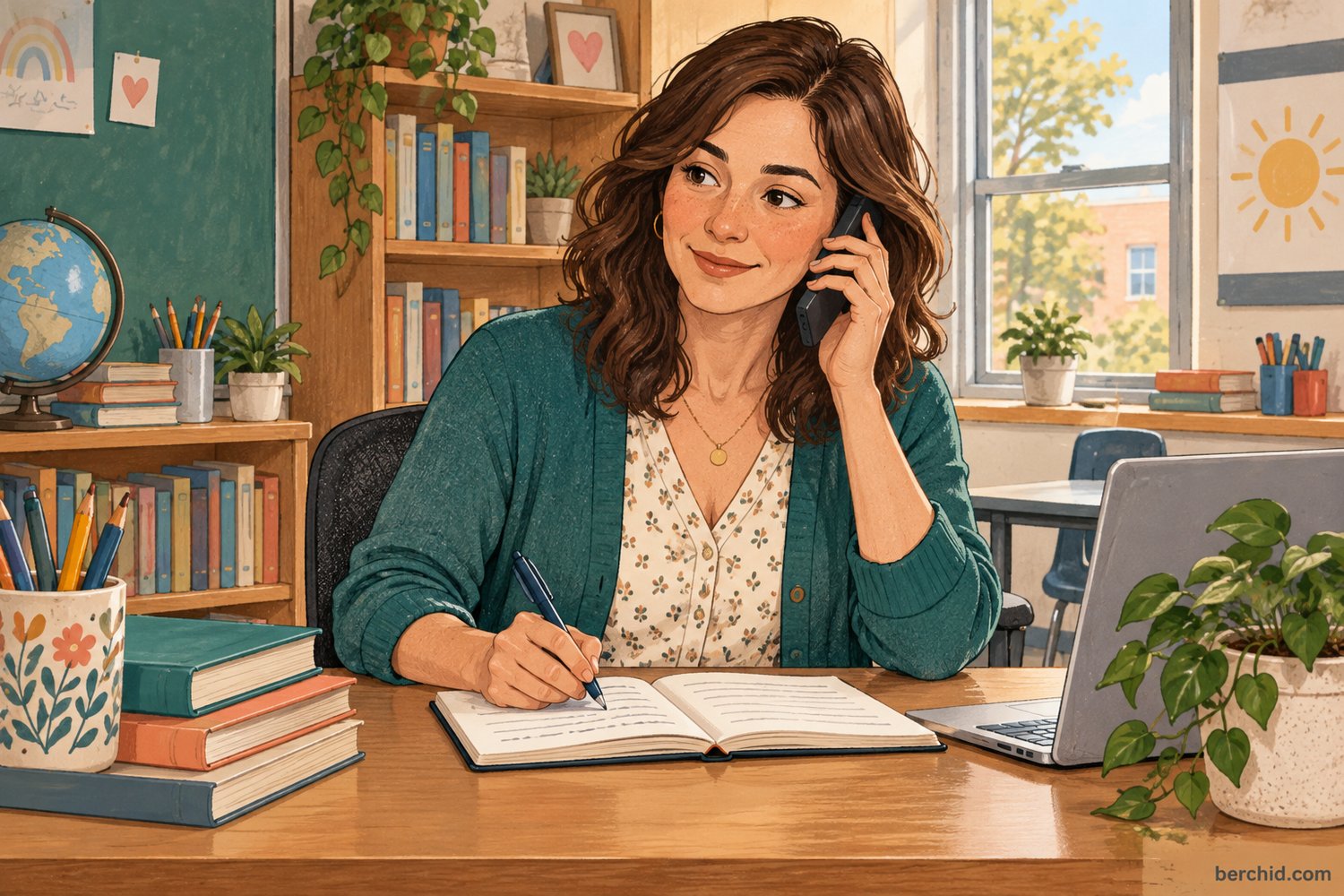 Teacher listens to a parent or guardian on the phone while recording a clear communication note.