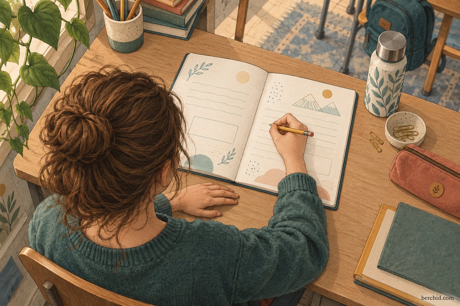 A student writes in a reflection notebook oriented toward them.