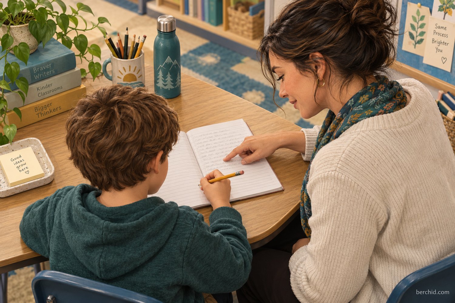 Teacher and student discuss a writing draft in a notebook oriented toward the child.
