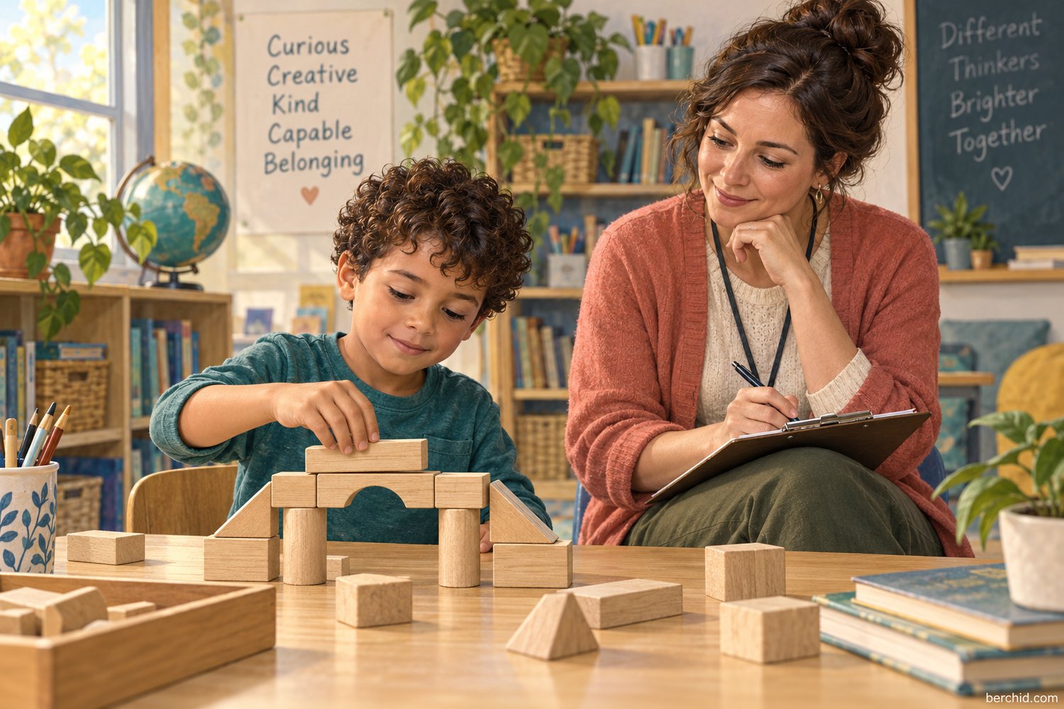 Teacher observes a student building a wooden bridge and records a strengths-based classroom note.