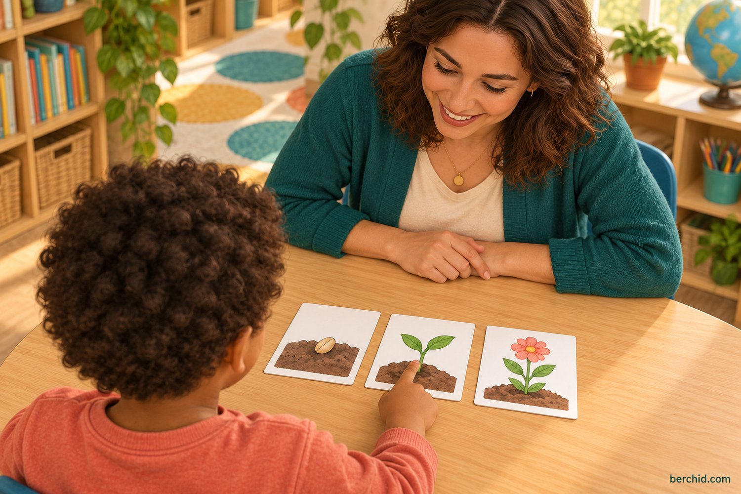 Teacher and child use upright plant sequence cards during an adapted classroom lesson.