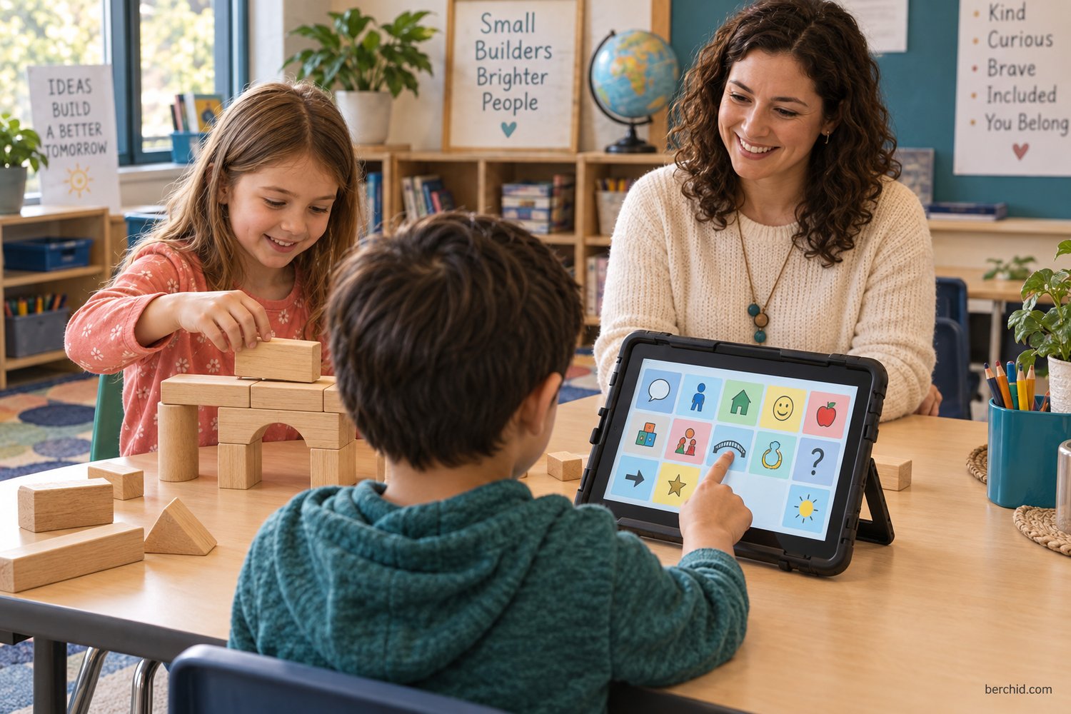 Student uses a child-facing AAC tablet during a collaborative classroom bridge-building activity.