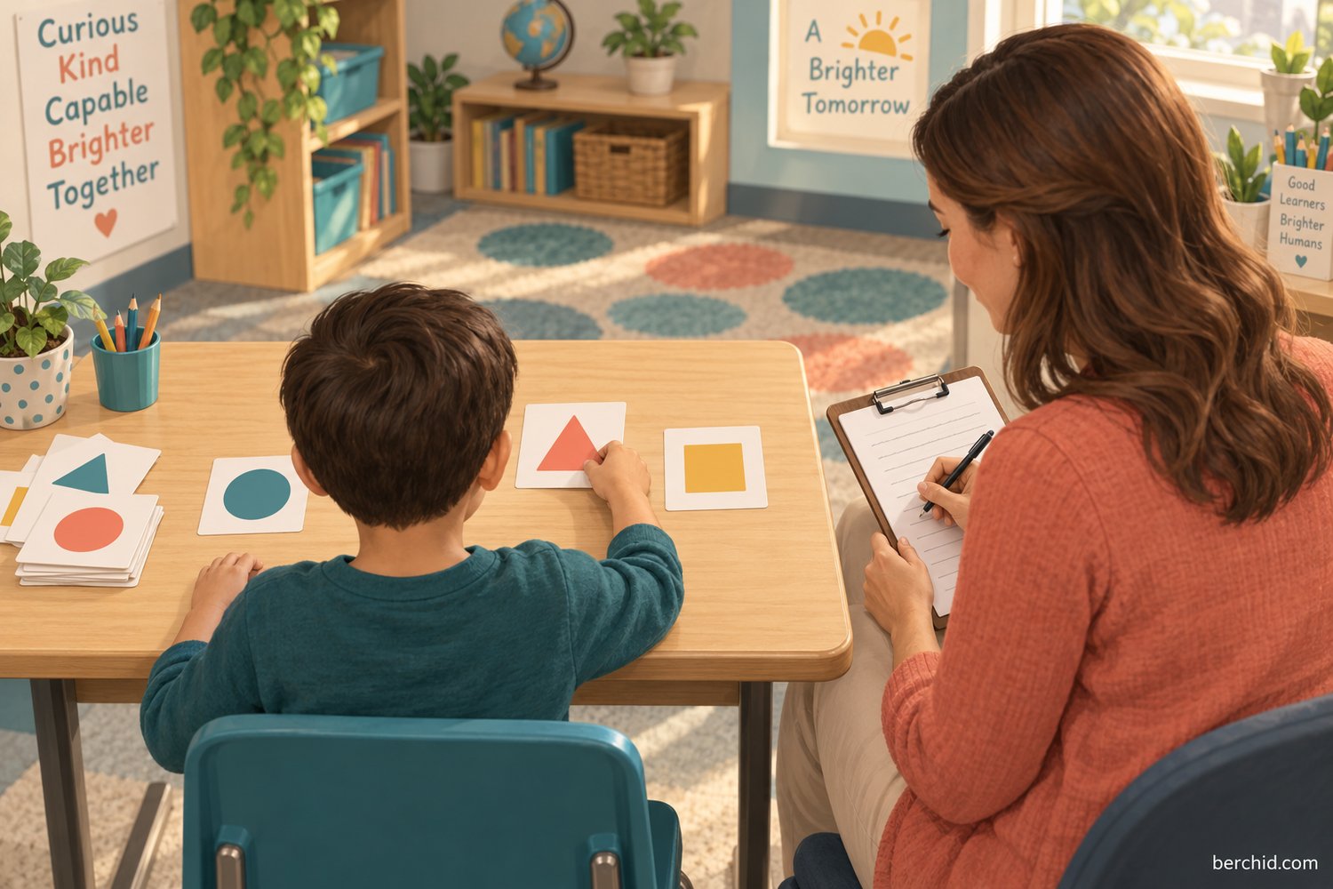 Teacher records shape-identification responses while the learner sees correctly oriented cards.