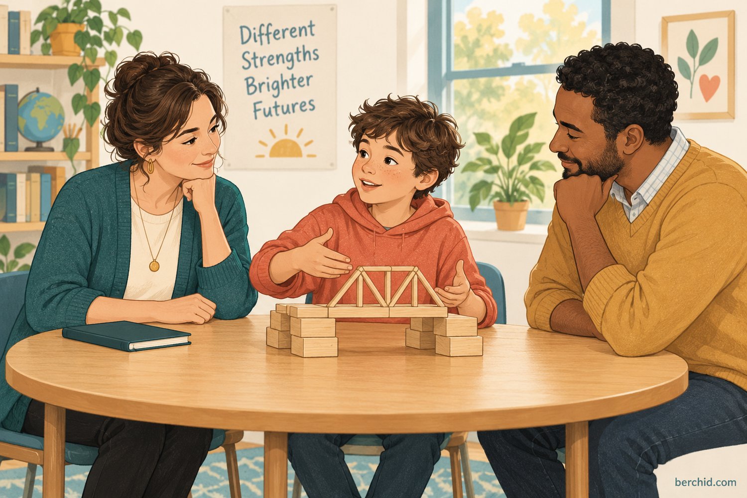 Teacher and parent listen to a student explaining a model bridge during a strengths discussion.