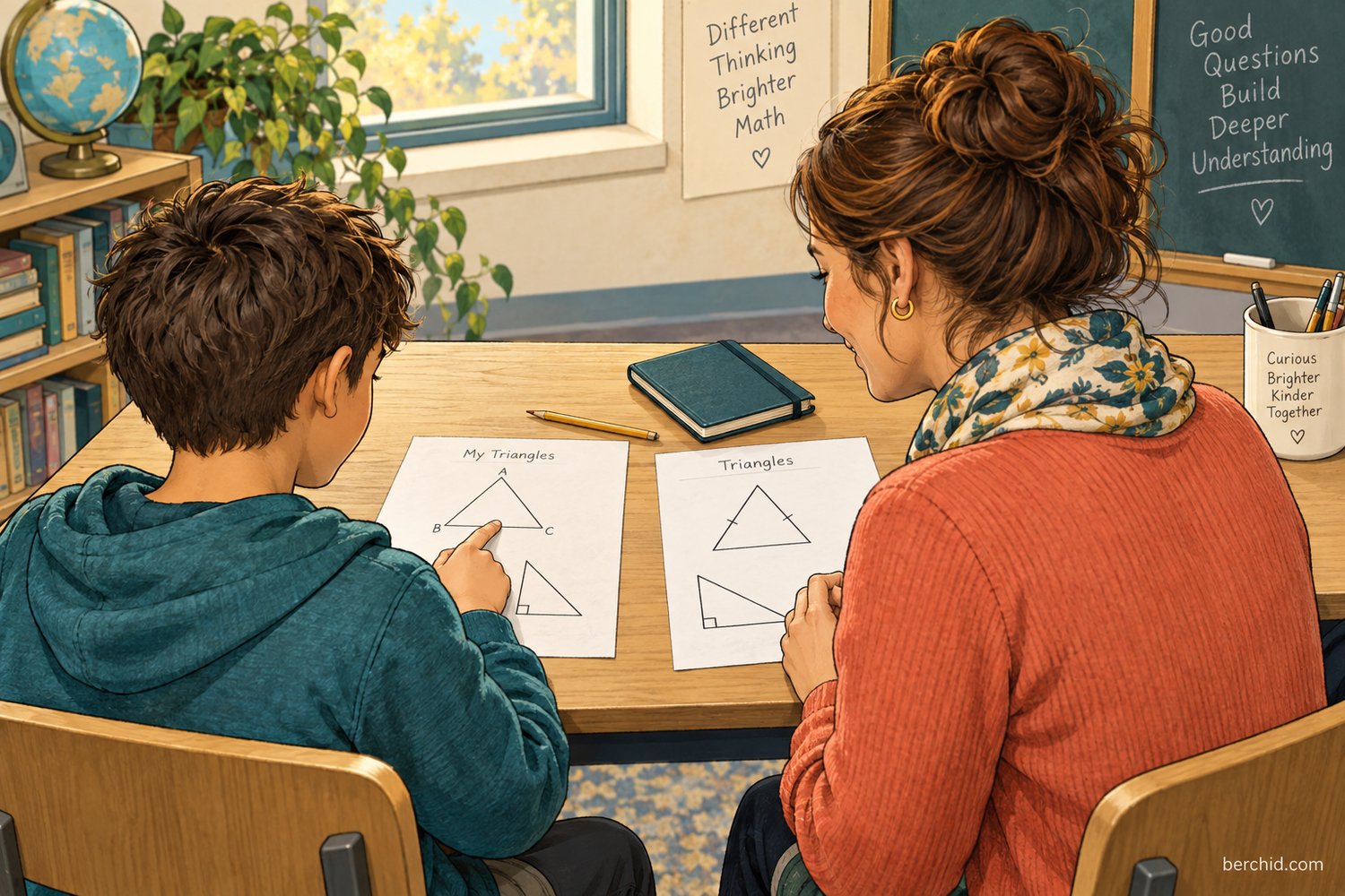 Student and teacher review geometry drawings with both worksheets correctly facing them.