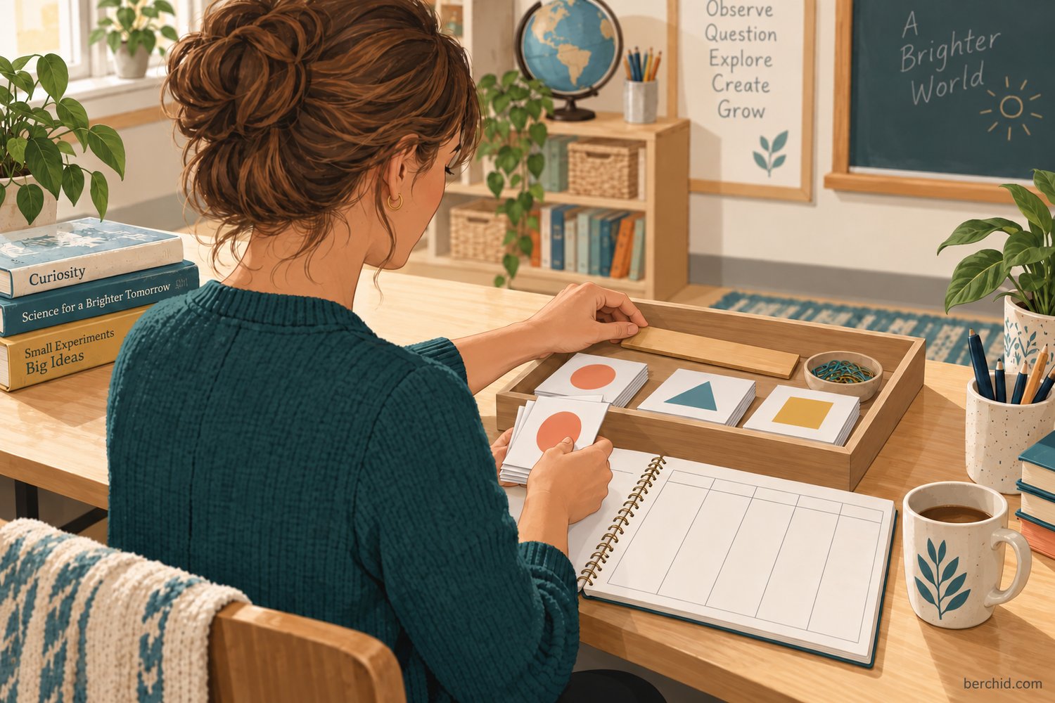 Teacher prepares classroom shape materials beside a correctly oriented weekly planner.