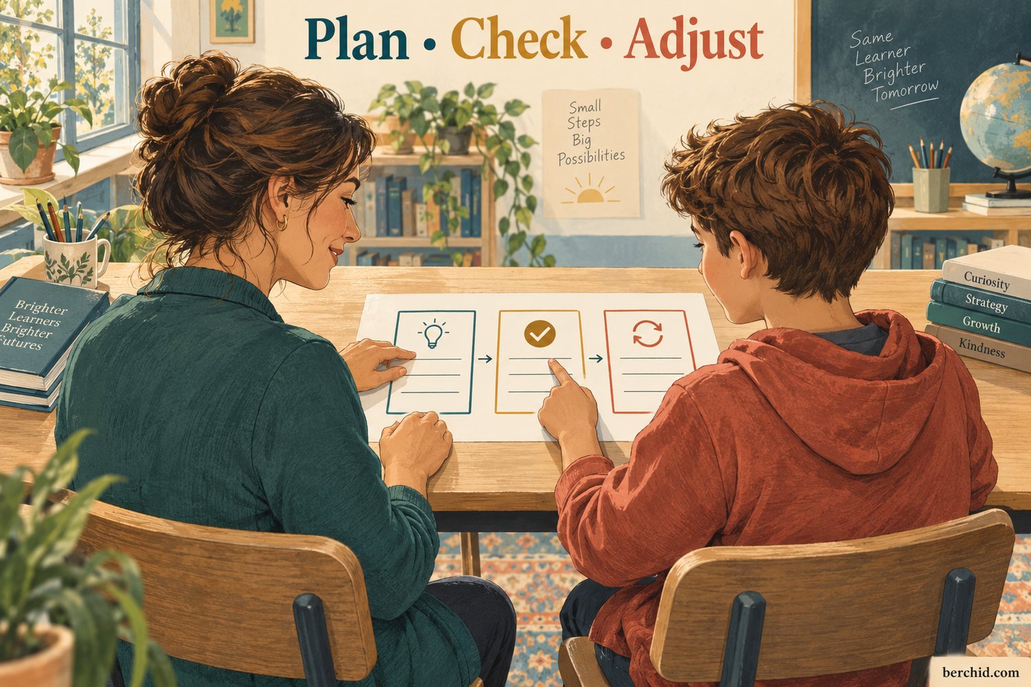 Teacher and student review a plan-check-adjust sheet during a classroom lesson.