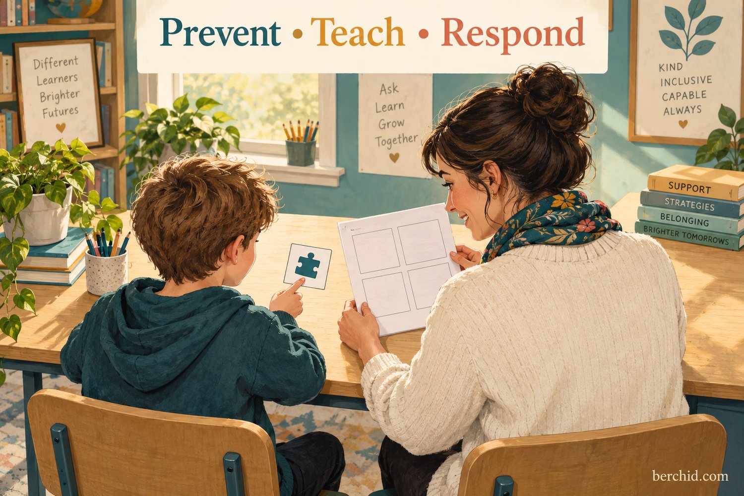 Teacher supports a student using a help card during a classroom learning routine.