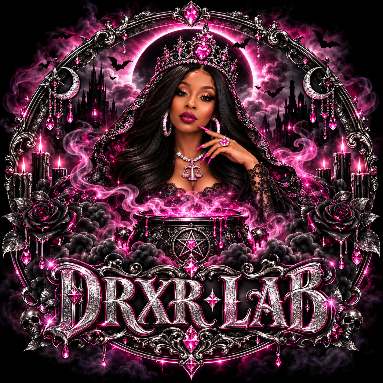 DRXR Lab gothic luxury branding featuring a crowned queen, sparkling pink gemstones, black roses, celestial symbols, and ornate silver details against a dark fantasy backdrop. A bold celebration of creativity, elegance, and digital artistry.