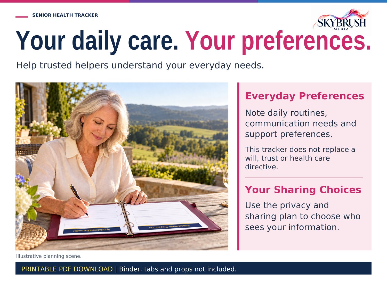 Older woman writing in a care binder, with information about daily routines, communication preferences and privacy choices.