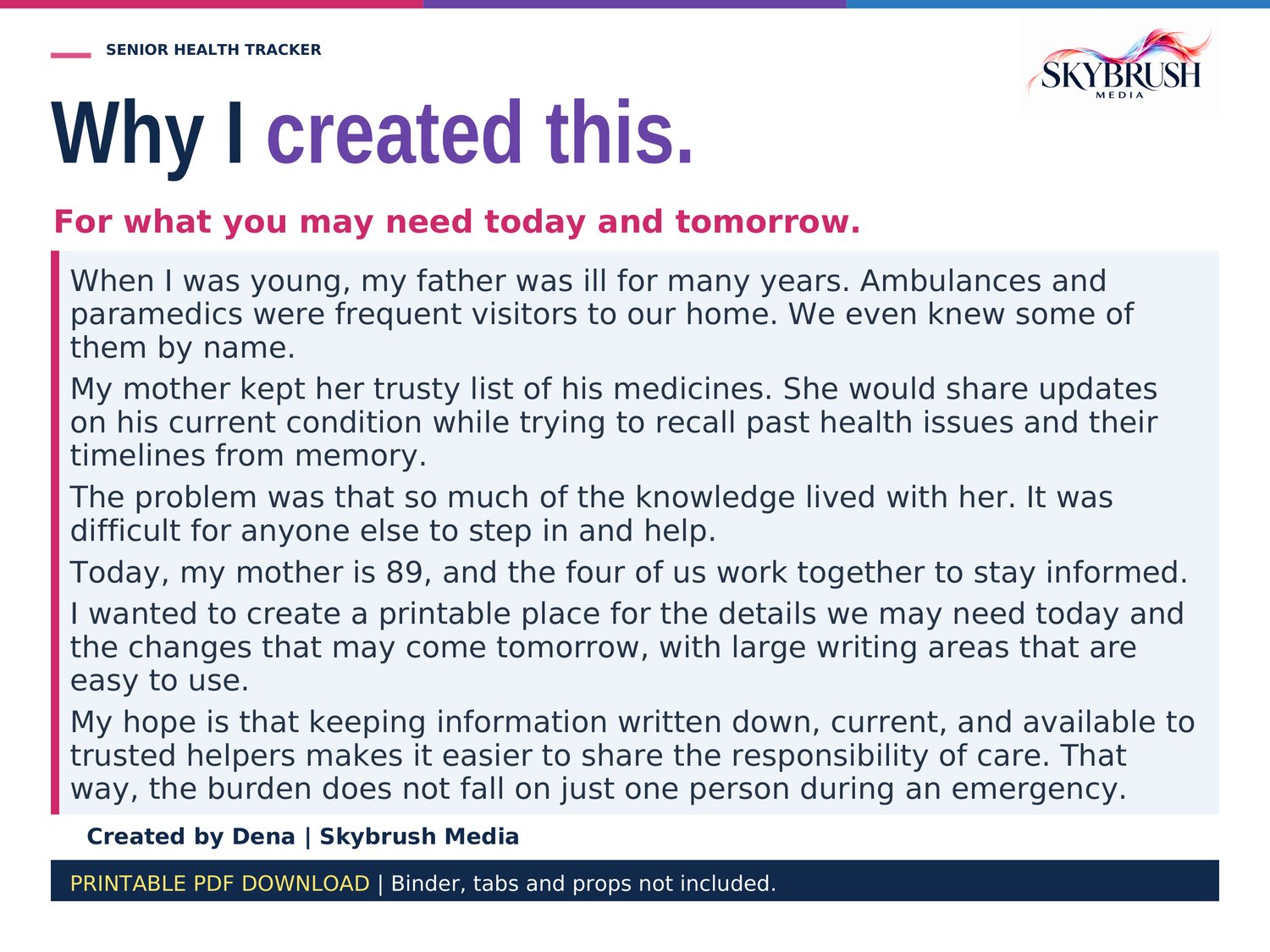 Creator’s story explaining how family caregiving inspired the Senior Health Tracker printable organizer.