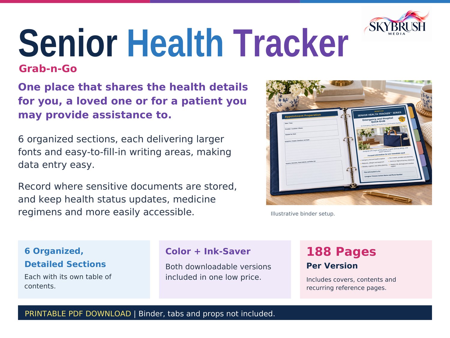 Senior Health Tracker Grab-n-Go printable caregiver binder overview with six sections and color and black-and-white PDFs.