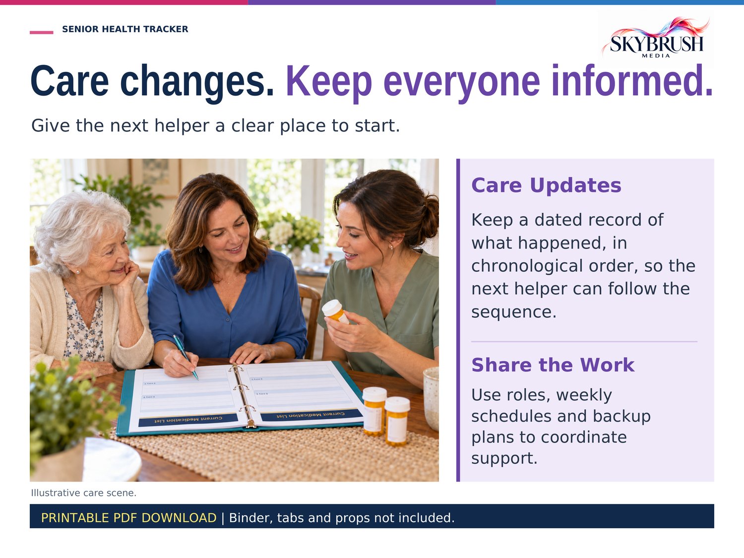 Three women reviewing a care binder together, with guidance on recording care updates and coordinating caregiver responsibilities.