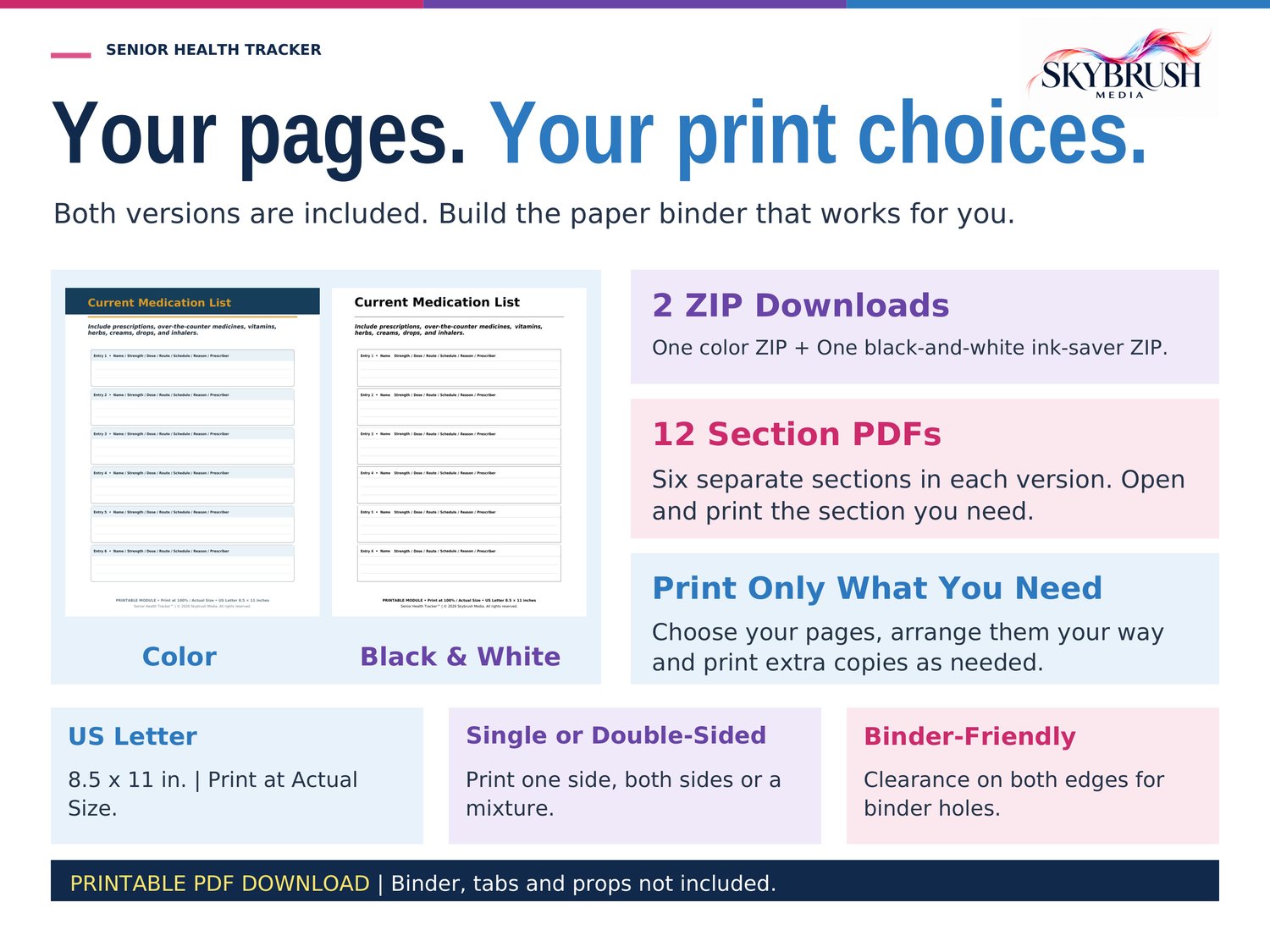 Color and black-and-white worksheet examples, with two ZIP downloads containing twelve section PDFs for U.S. Letter printing.