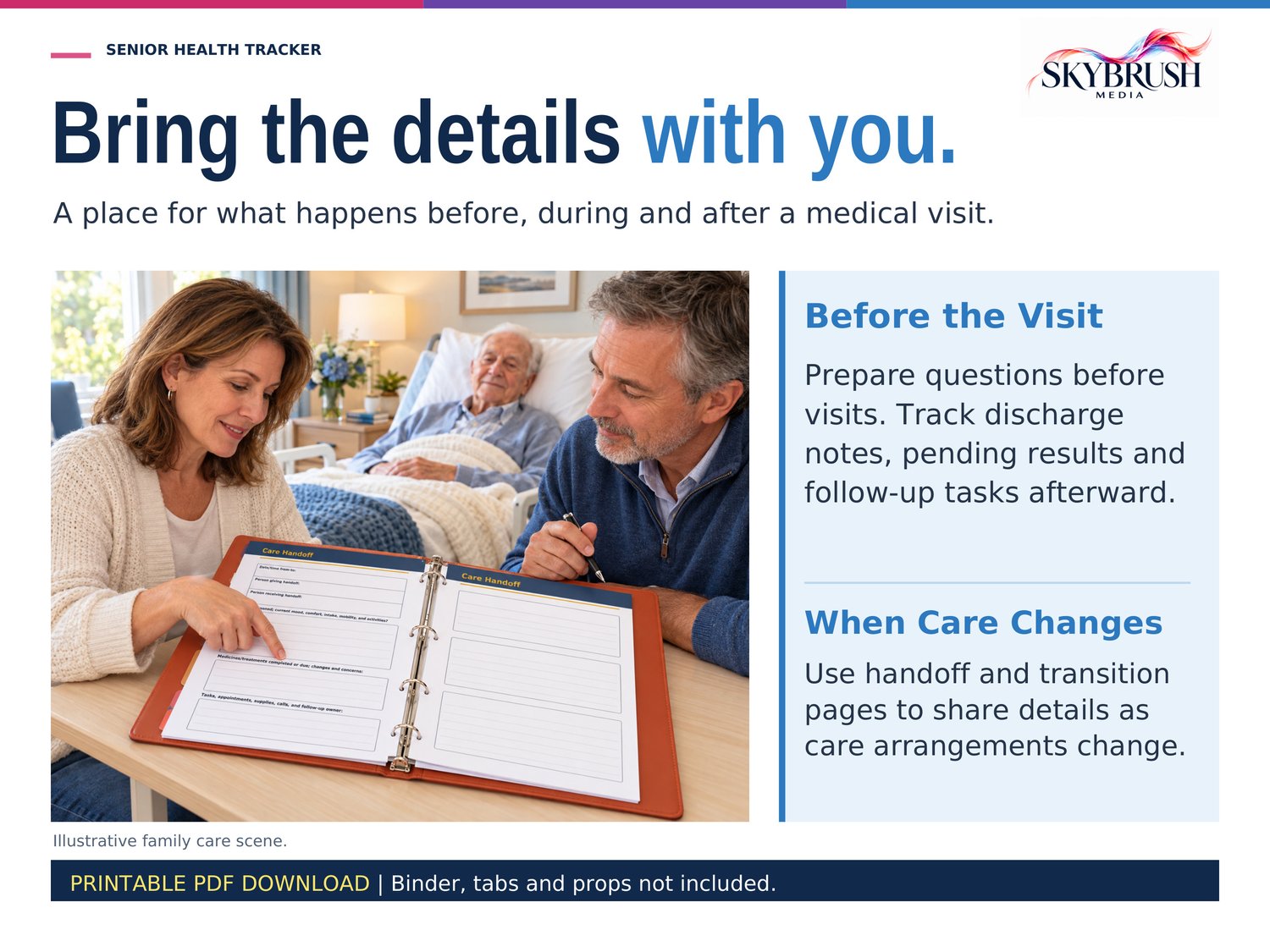 Two adults reviewing an open care binder, with information about preparing for medical visits and care transitions.