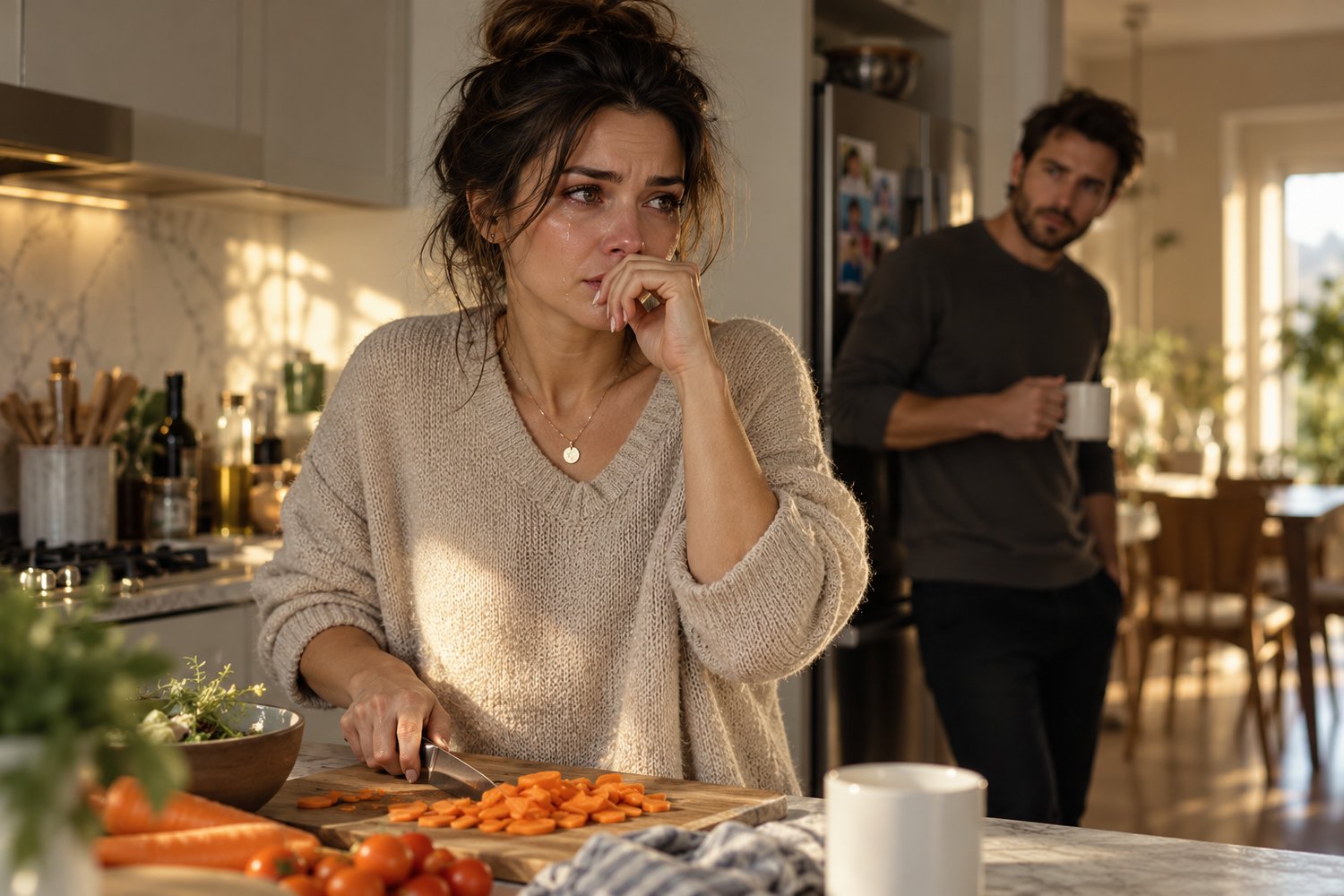 A tearful woman standing in the kitchen while preparing dinner, reflecting how small everyday moments can suddenly bring unexpected tears.