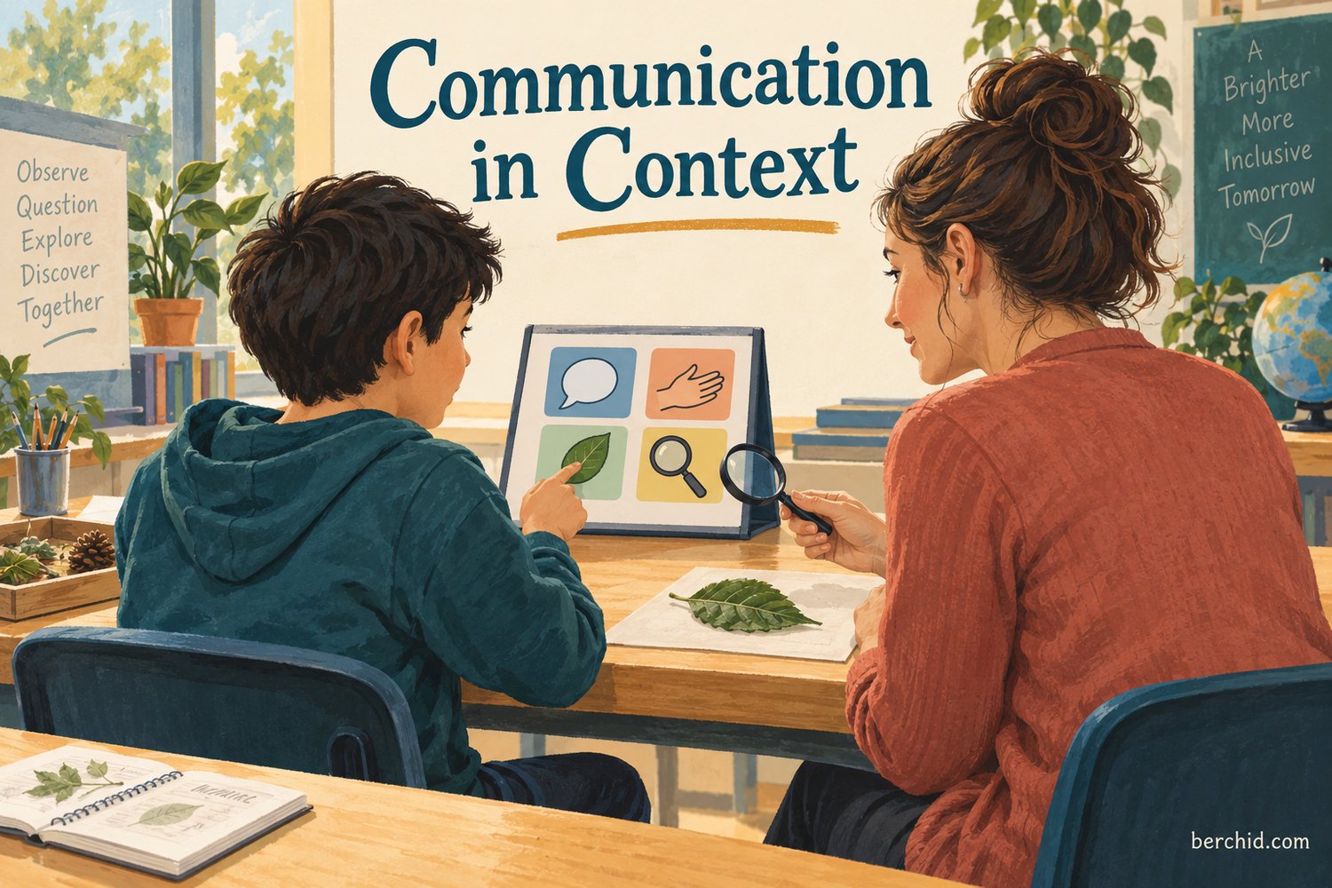 Student communicates during a classroom science activity using a board oriented toward them.