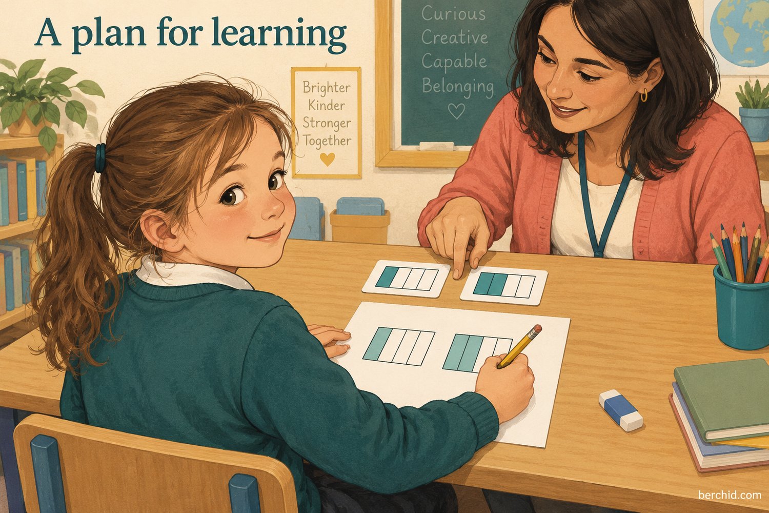 Teacher and child discuss quarter fractions on a correctly oriented worksheet; berchid.com.