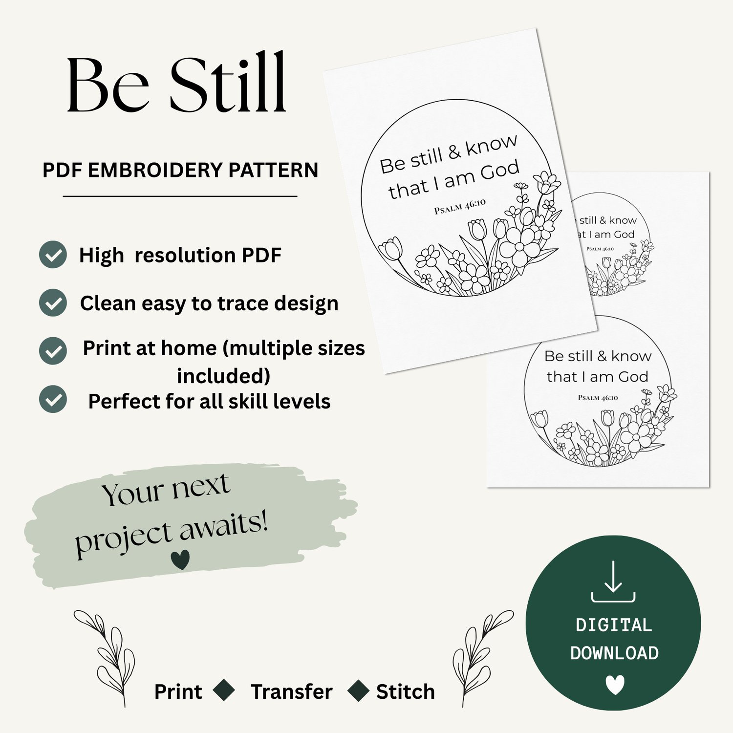 Be Still - Christian- Hand Embroidery Design - Instant Download - Payhip