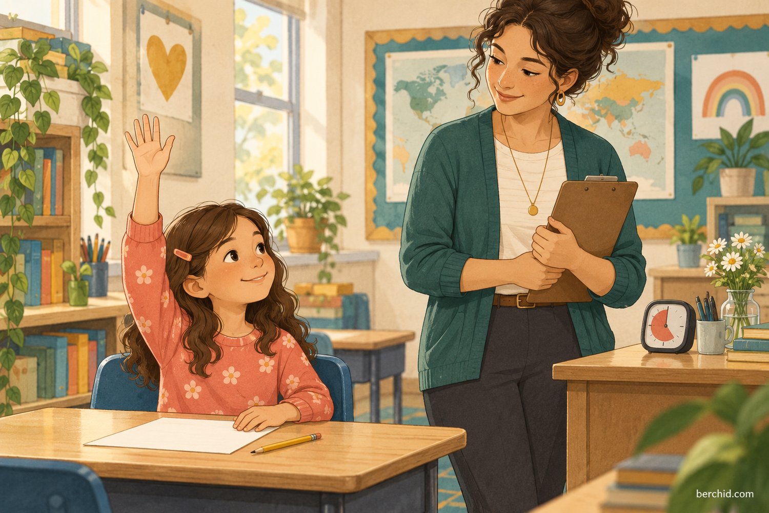 Student requests classroom help with a raised hand while a teacher notices respectfully.