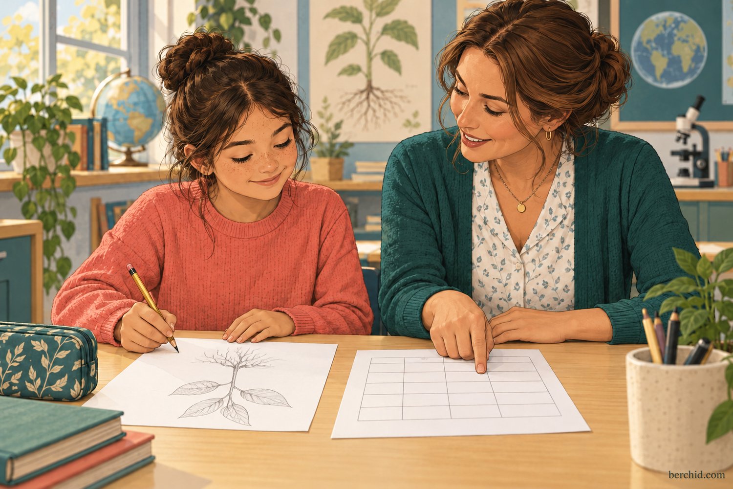 Teacher and student review a science explanation and rubric, with the plant sketch facing the student.