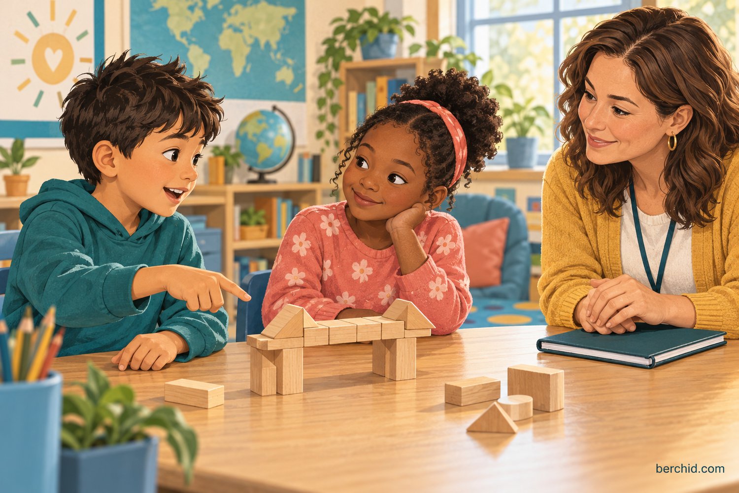 Students discuss a model bridge while their teacher listens to the classroom exchange.