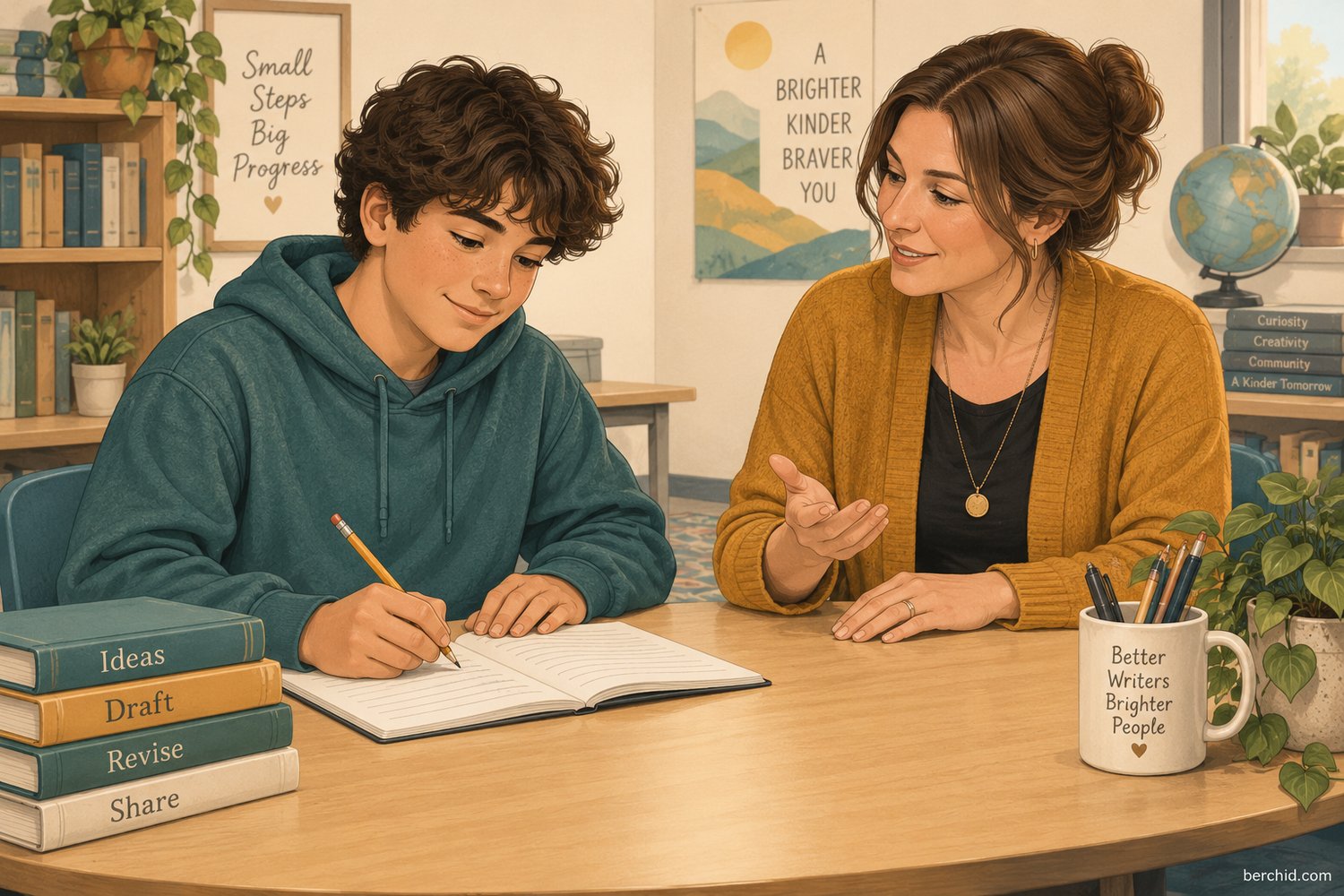 Student and teacher discuss the first step of a writing lesson, with the notebook facing the student.