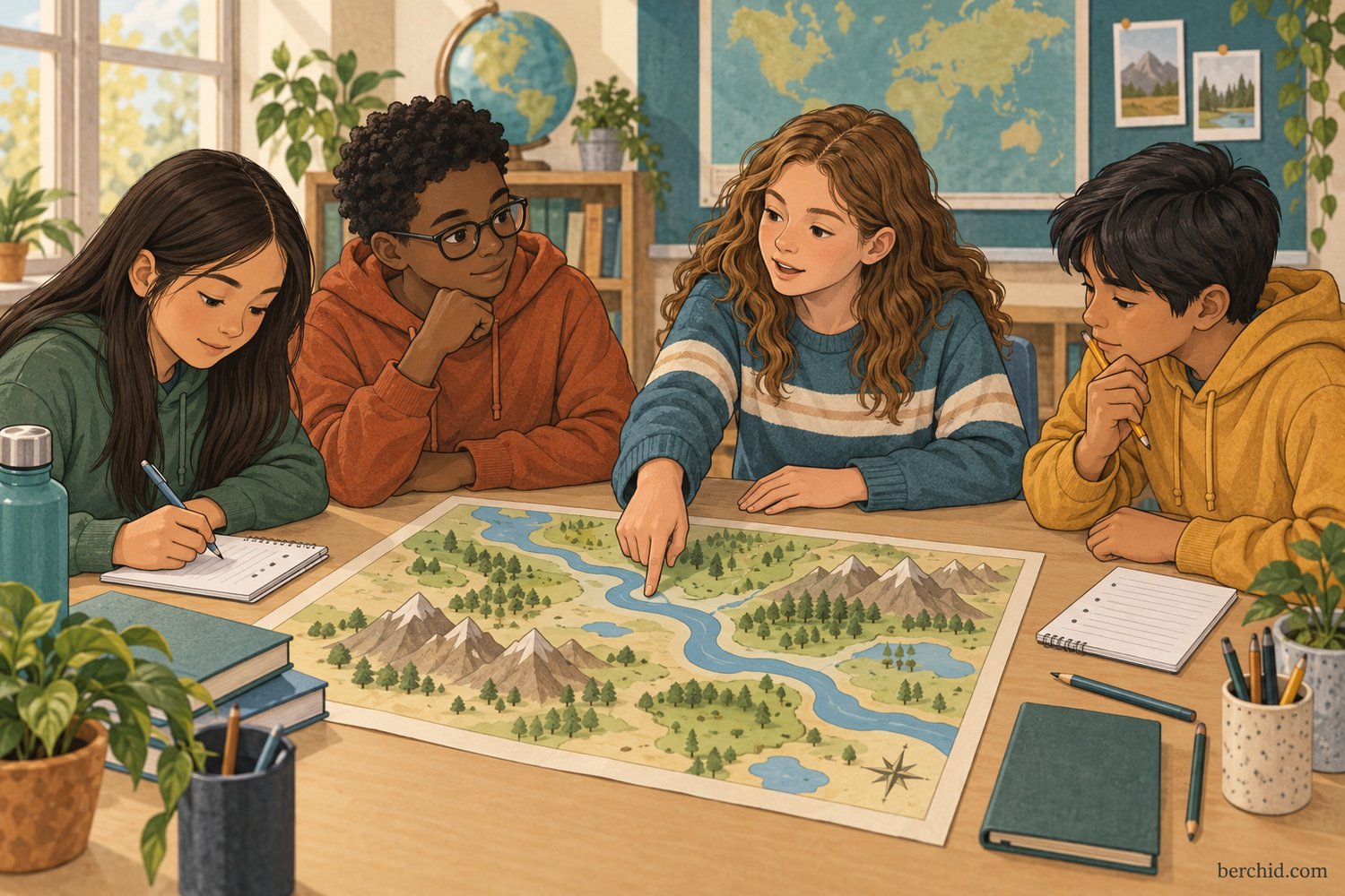 Four students plan a geography poster, with a river suggestion and a note oriented toward the writer.