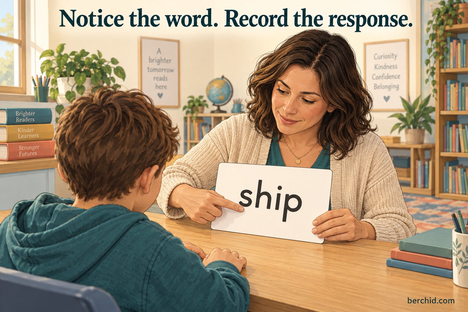 Teacher and child look at the printed word ship during a classroom reading observation.