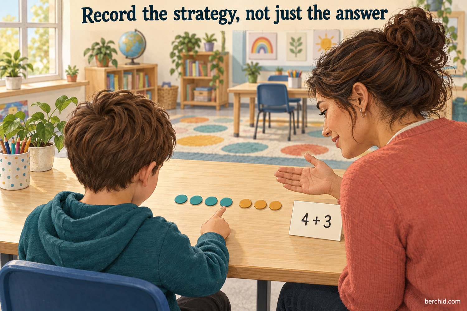 Child and teacher use four teal and three yellow counters to discuss the expression 4 plus 3.
