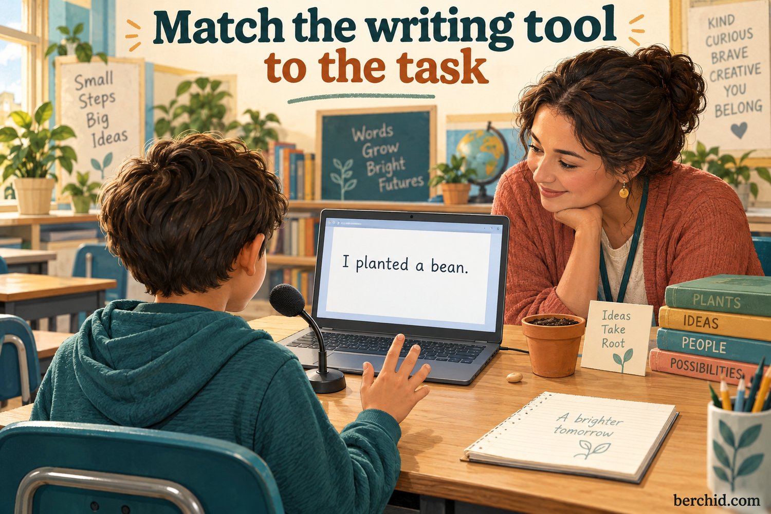 Child reviews a sentence on a laptop while using a microphone in a supported classroom writing-tool trial.