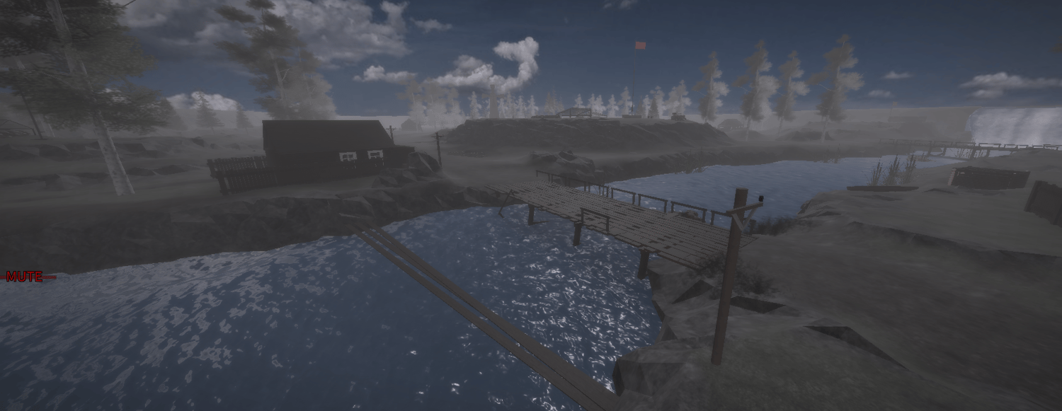 Soviet flag overlooking a foggy battlefield camp
