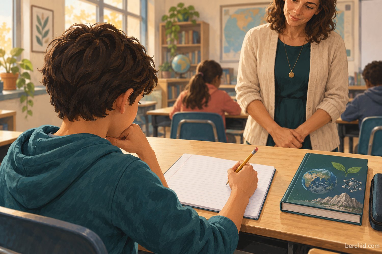 Student attempts to recall previously taught content with a closed science textbook and an accessible notebook