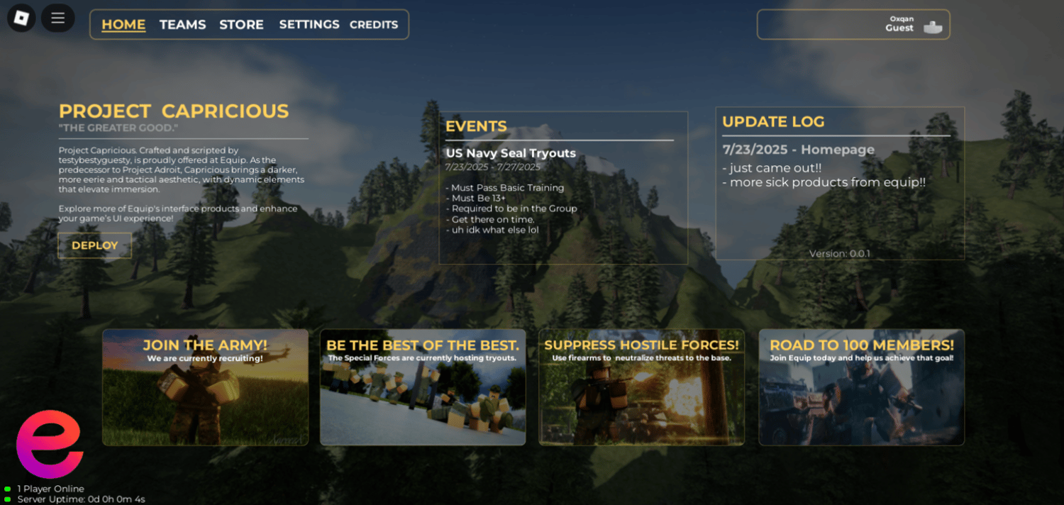 Roblox military main menu UI with forest background