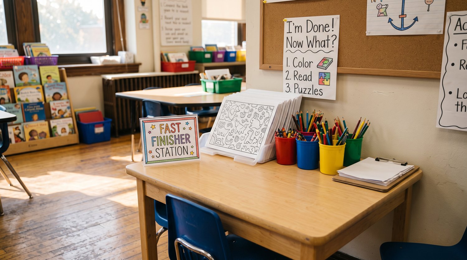 Elementary classroom Fast Finisher Station featuring a stack of animal coloring pages, colorful pencil cups, and an "I'm Done! Now What?" bulletin board sign.