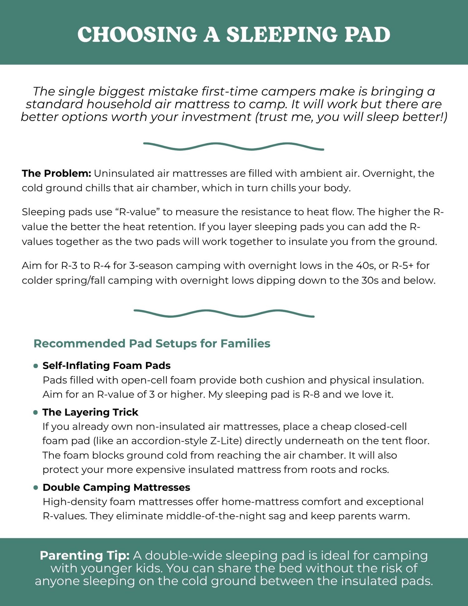 Guide page explaining how to choose a sleeping pad, with R-value ranges for 3-season and cold-weather camping and recommended pad setups for families.
