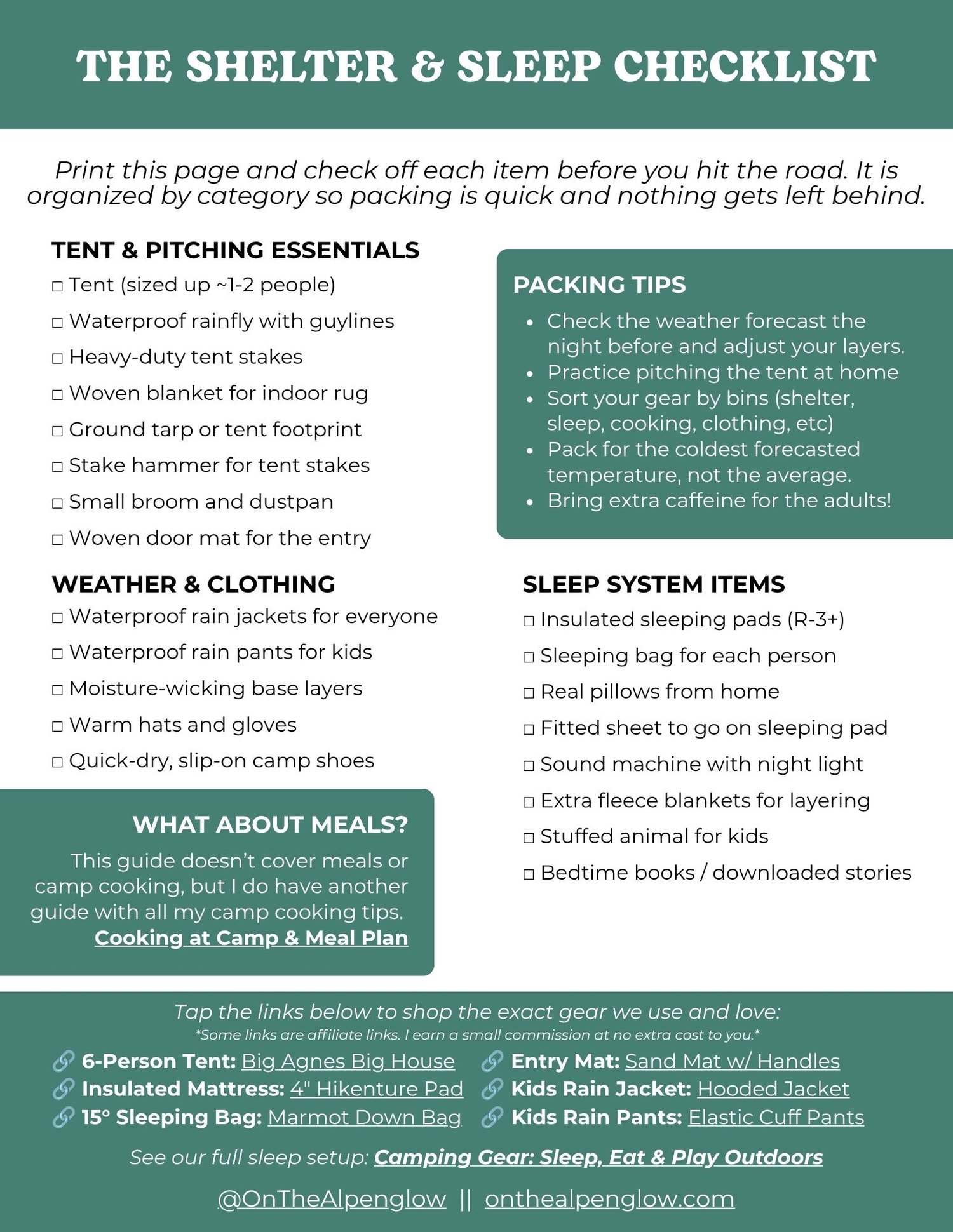 Printable Shelter and Sleep checklist with tent, clothing and sleep system items, packing tips, and links to the exact camping gear the author uses.