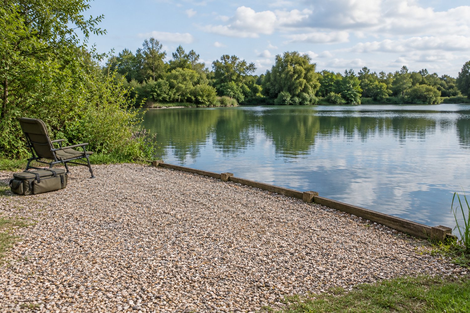 Illustration of a level carp fishing swim with a chair and tackle bag beside a lake