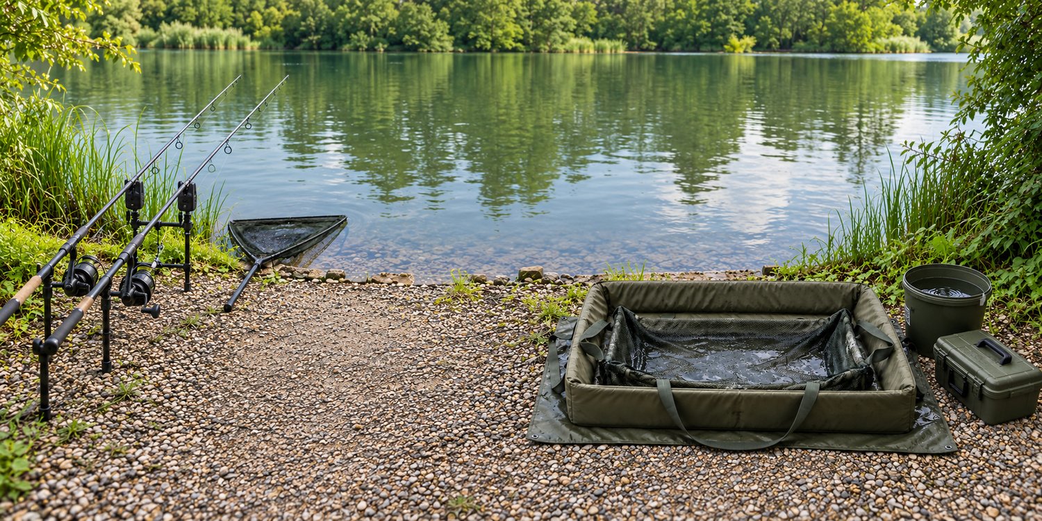 Illustration of carp fishing tackle, a landing net and a padded mat prepared beside a lake
