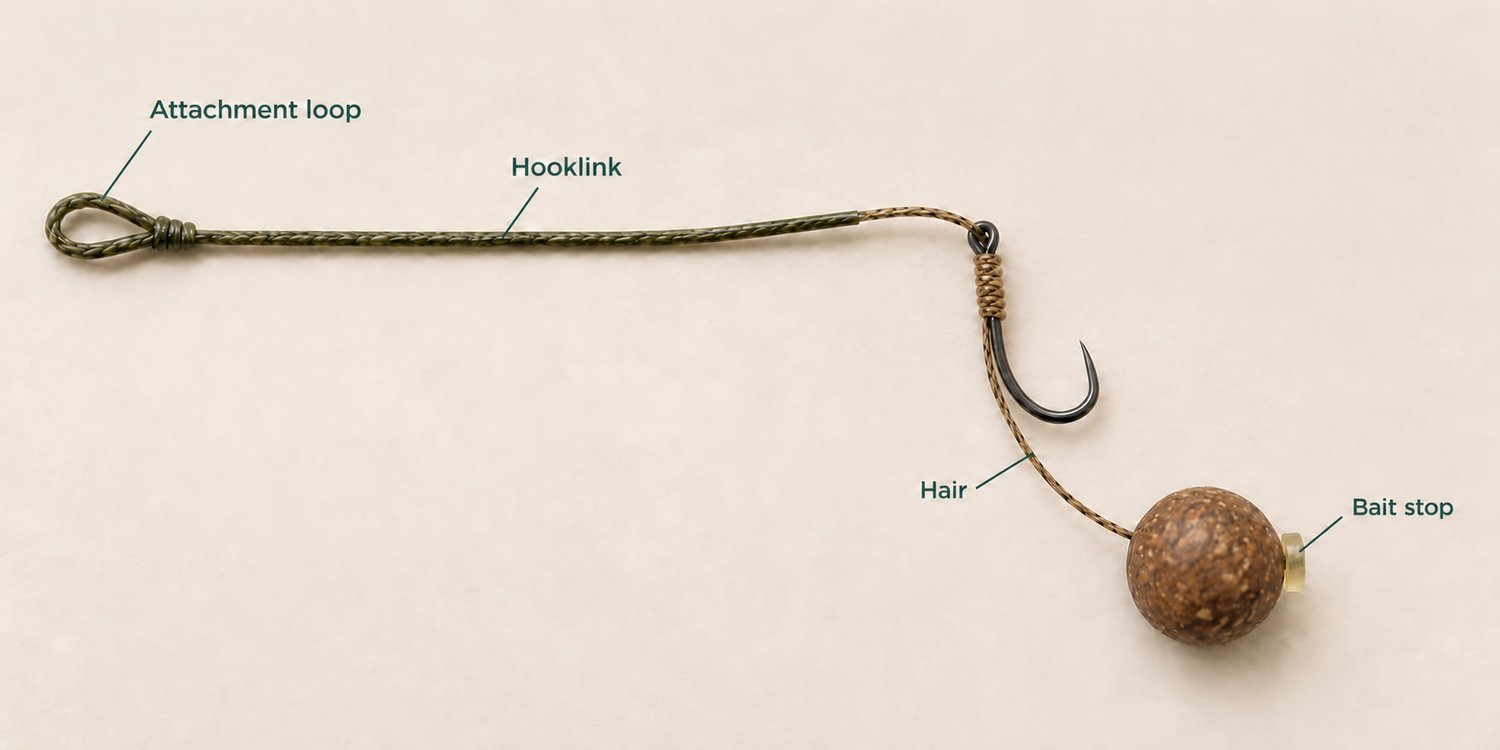 Labelled illustration of a carp hair rig with hooklink, hook, hair, boilie and bait stop