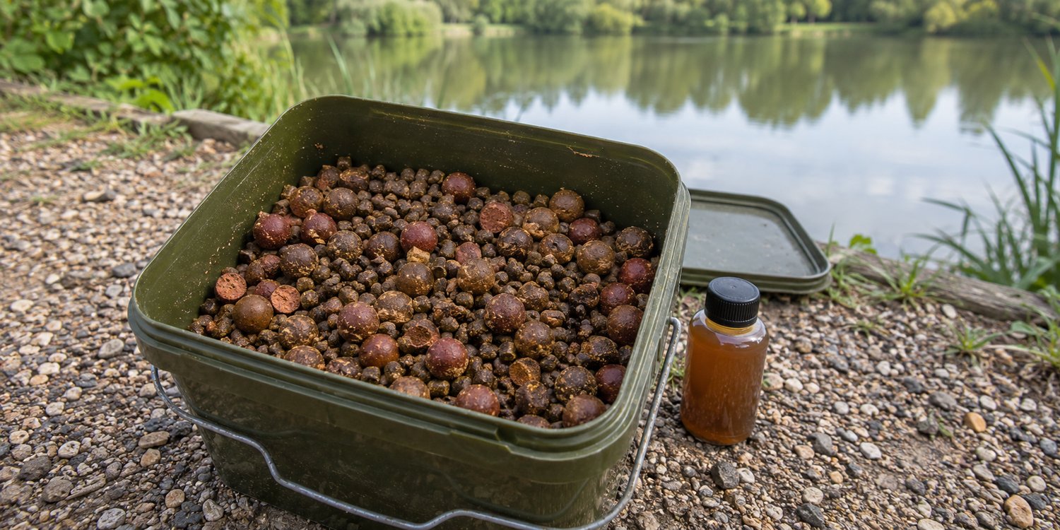 Illustration of a bait bucket containing boilies and pellets beside a carp lake