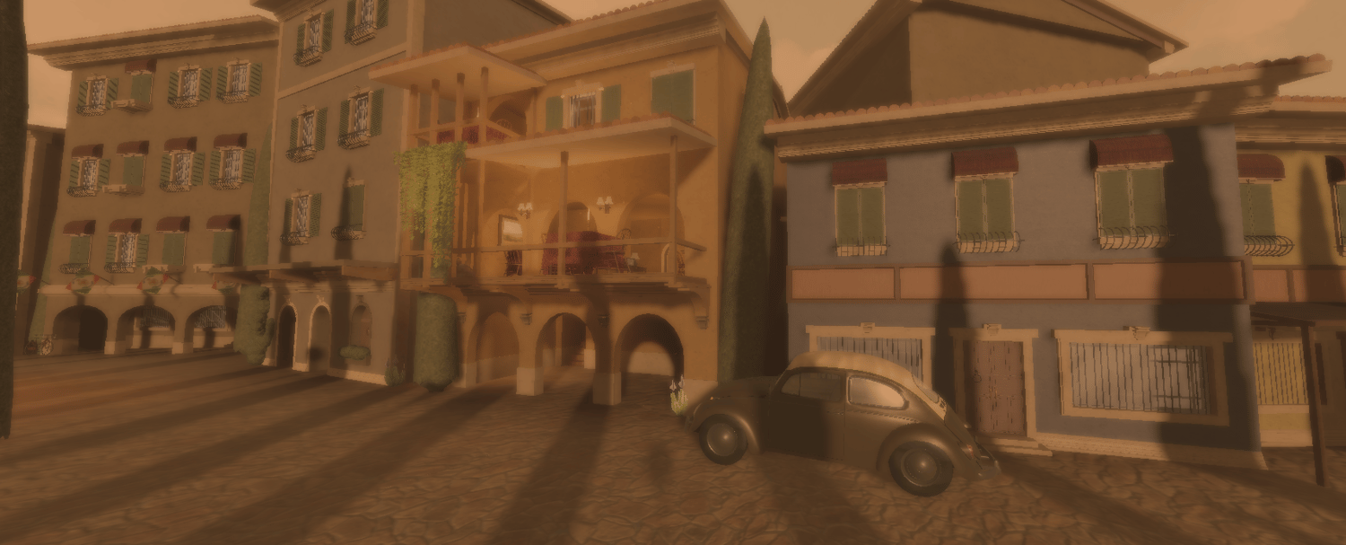 Island town street surrounded by rocky terrain